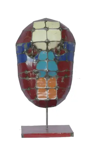 Product image of the product “Small Mask on stand - Modell 4, 52cm height, sculpture from upcyceled oil barrel. ”